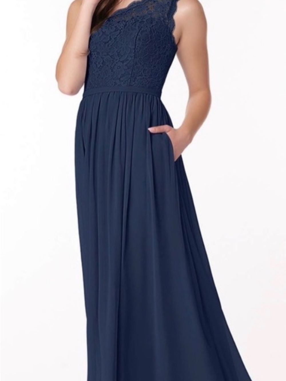 Azazie Demi navy One-Shoulder Lace & Chiffon A line Evening Dress w/ pockets - Picture 3 of 8